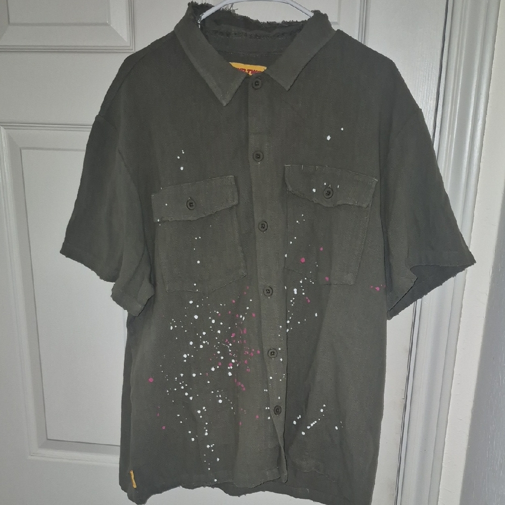 Stylish Army Green Men's Shirt with Paint Splatter Design Round 2 Brand
